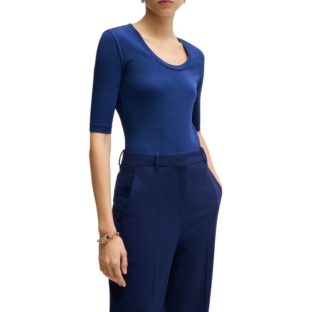 BOSS Hugo Boss‎ Top Womens Effilie Blue Wool Cotton Scoop Neck Short Sleeve  S